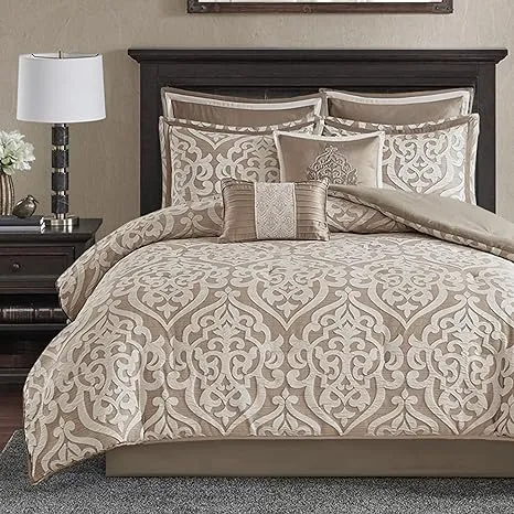 Madison Park Odette Cozy Comforter Set Jacquard Damask Medallion Design - Modern All Season, Down Alternative Bedding, Shams, Decorative Pillows, Queen(90 in x 90 in), Tan 8 Piece