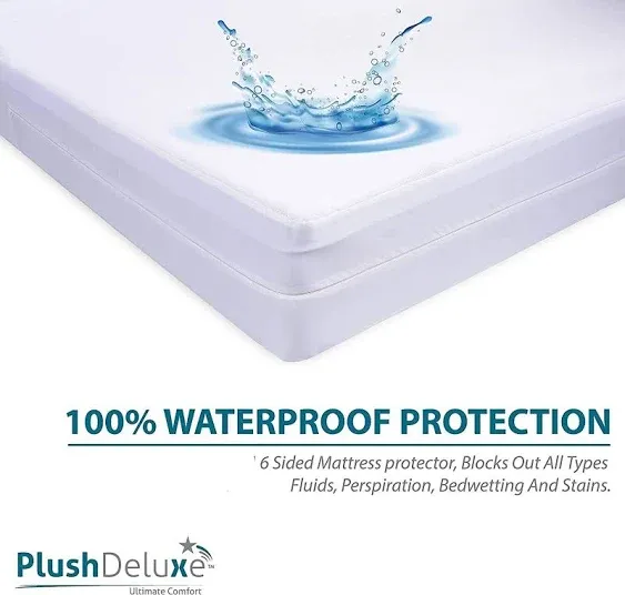 PlushDeluxe Premium Mattress Encasement - Zippered Waterproof BedCover, 6-Sided 