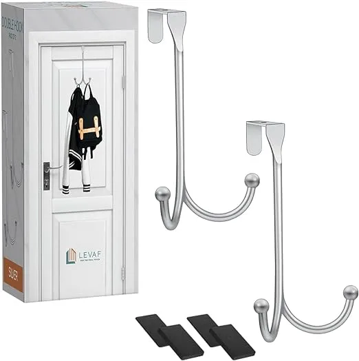 LEVAF 2-Pack Over The Door Hooks - with 2 Hang Heads & Snug Fit Pads Heavy Duty Hook for Hanging Coats, Towels, Caps & Robes - Elegant Matt Finish - No Drill Hanger Organizer - Black