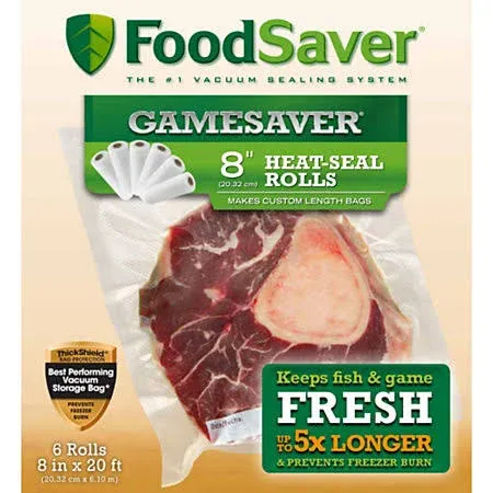 FoodSaver GameSaver Vacuum Sealer Bags, Rolls for Custom Fit Airtight Food Storage and Sous Vide, 8" x 20' (Pack of 6),Green