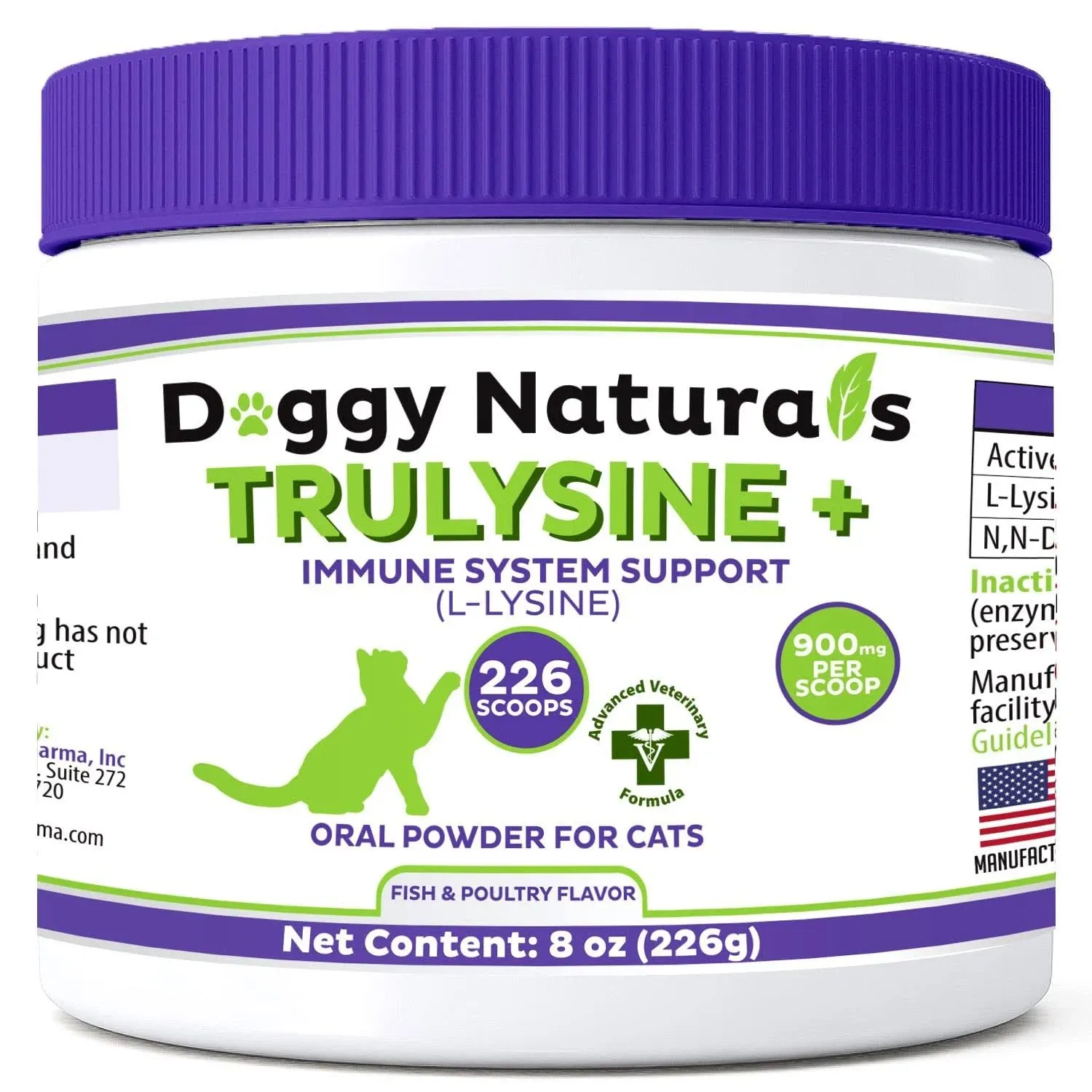 Trulysine Plus L-Lysine for Cats Immune Support Oral Powder 8oz/226g - Cats & Kittens of All Age, Sneezing, Runny Nose Squinting, Watery Eyes-Fish & Poultry Flavor (U.S.A)(225 Grams (900mg / Scoop))