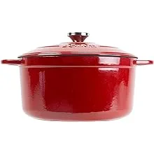 Lodge 6.5 Quart Enameled Cast Iron Dutch Oven with Lid – Dual Handles – Oven Safe up to 500° F or on Stovetop - Use to Marinate, Cook, Bake, Refrigerate and Serve – Red