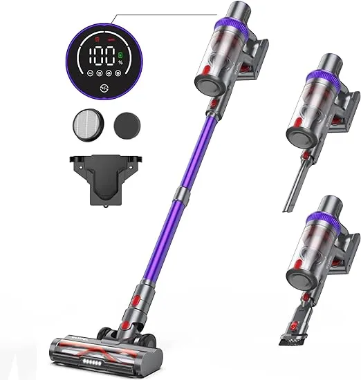 WLUPEL Cordless Vacuum Cleaner, 33Kpa Stick Vacuum Cleaner, 400W Handheld Vacuum with LED Touch Screen, 50mins Runtime for Pet Hair, Carpet and Hardwood Floor(KB-H015)