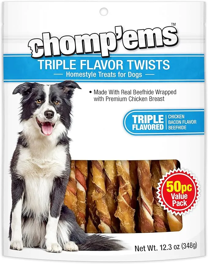 CHOMP &#039;EMS Triple Flavor Rawhide Twist Sticks, 50 Count