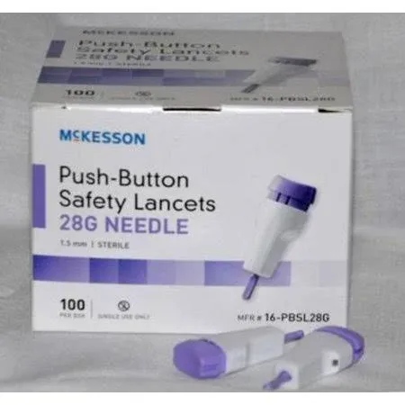 McKesson Lancet, Push-Button Safety, Blue, Depth Settings - 1.8 mm Depth, 100 per ...