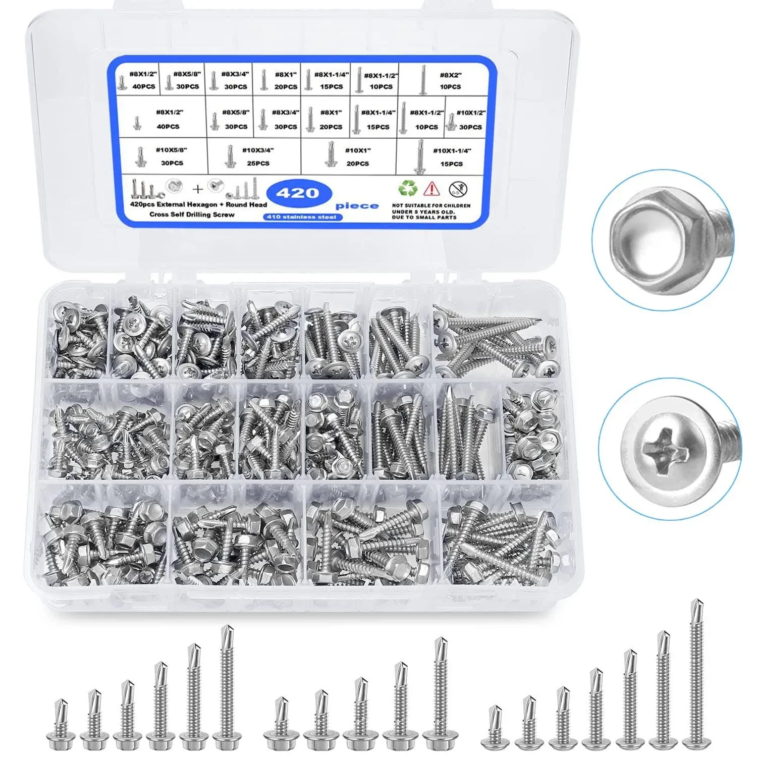 Self Drilling Screws, 420Pcs Self Tapping Screws for Metal 410 Stainless Steel S