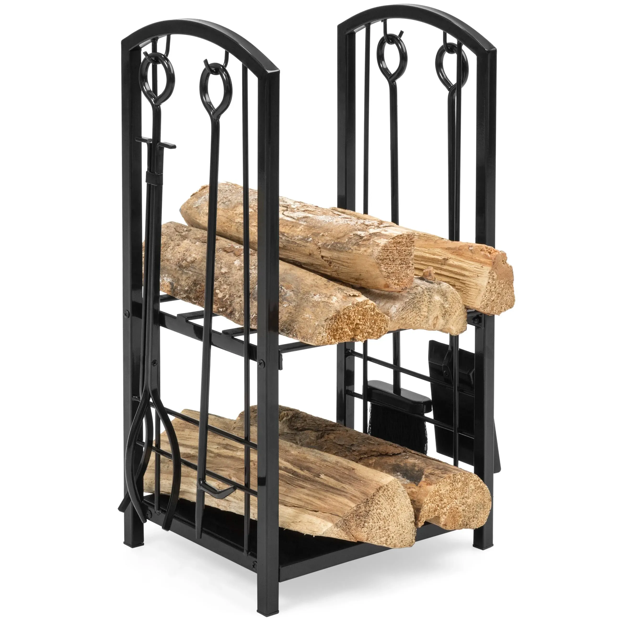 5-Piece Firewood Holder Outdoor Wrought Log Storage Rack Holder Firepit Tools Se