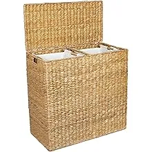 BirdRock Home Oversized Divided Hamper Wood Rectangle Brown W/ Liners + Lid