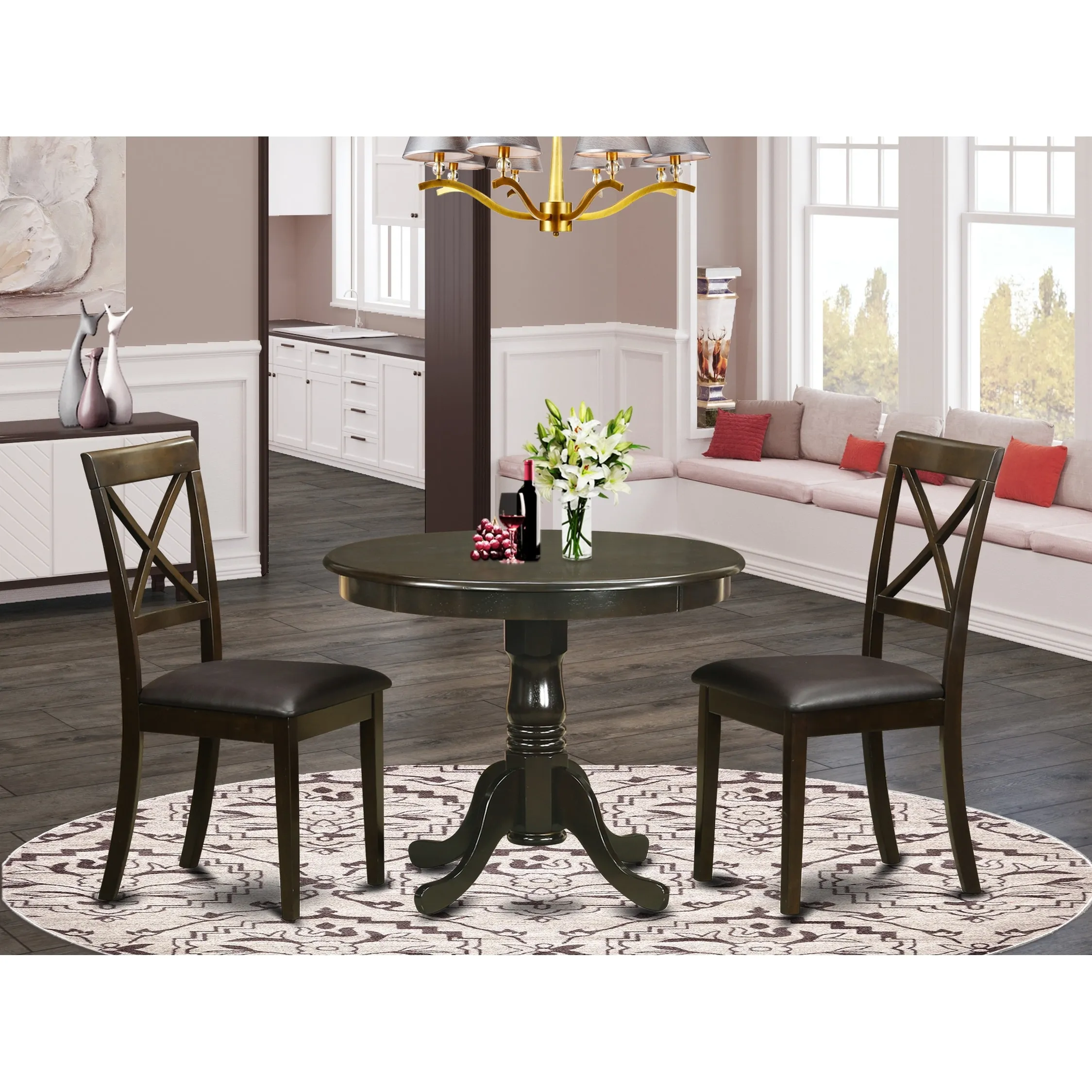 East West Furniture ANBO3-CAP-C 3 Piece Kitchen Set for Small Spaces Contains a Round Table with Pedestal and 2 Linen Fabric Dining Room Chairs, 36x36 Inch