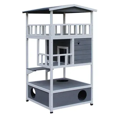 Pawhut Feral Cat House Outdoor Kitten Condo Shelter With Raised Floor Asphalt Roof Escape Door Jumping Platform Grey