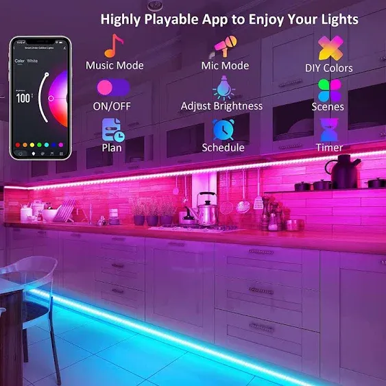 maylit 10 PCS Smart RGB Under Cabinet Lights Kit, Work with Alexa and Google Assistant, App and Remote Control, Music Sync Color Changing, Timer, Dimmable, for Cabinet, Counter, Shelf, Bookcase