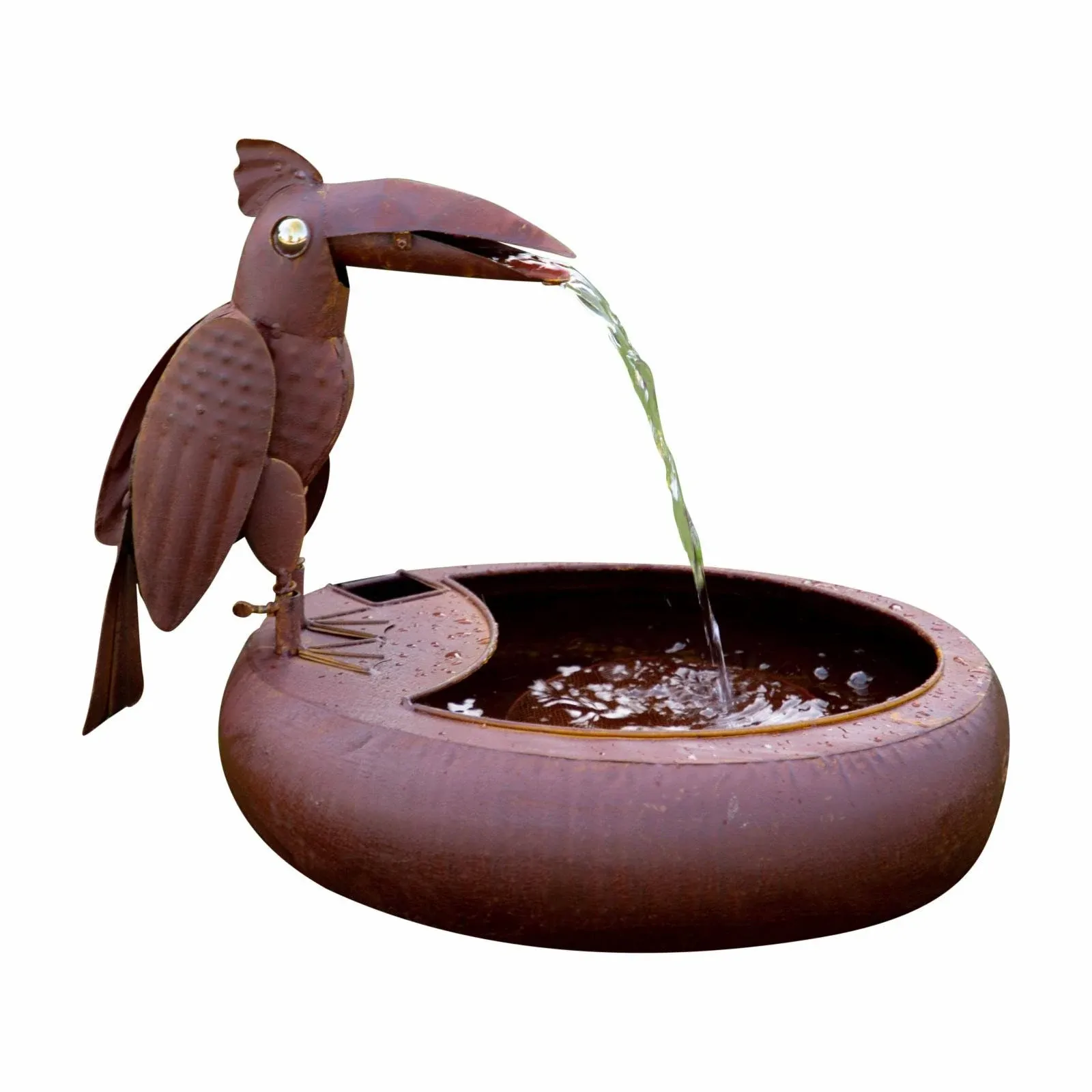 Alpine Corporation 16" Tall Indoor/Outdoor Rustic Metal Toucan Water Fountain Yard Statue Decoration, Brown