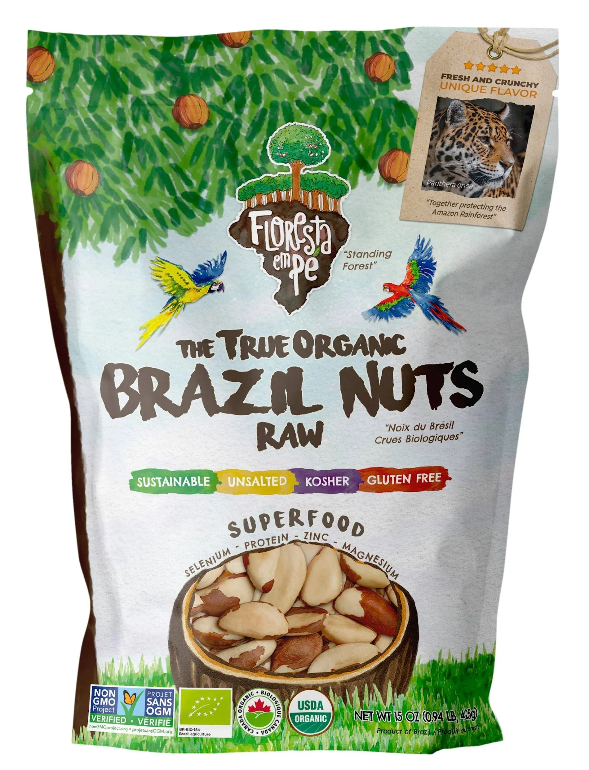 Floresta Em Pé The True Organic Premium Brazil Nuts (15oz) Raw & Unsalted | Kosher | Non-GMO | Certified Organic | Fresh | Vegan | Gluten Free | Keto