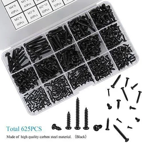 HanTof 625pcs M2 M3 M4 Phillips Pan Head Self-Tapping Wood Screws,14 Sizes Cross Recessed Round Head Self Tapper Screws Assortment Kit for Wood,Plastic and Soft Metal,Black Carbon Steel,Sharp Point