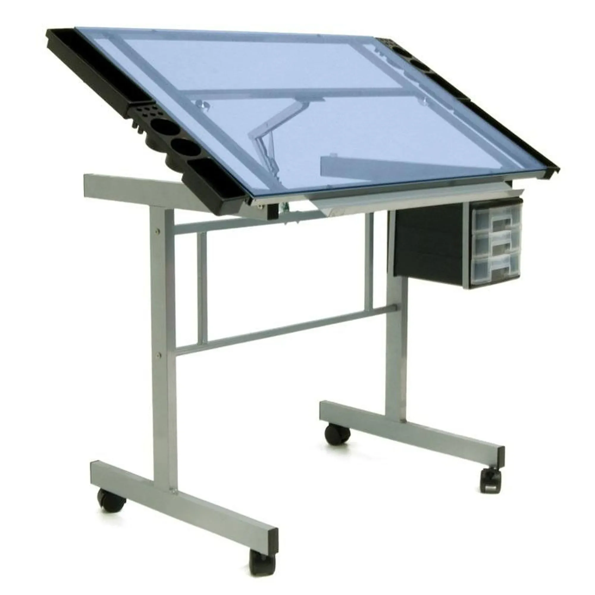 Studio Designs Vision Craft and Drawing Station - 35.5" W by 23.75" D Silver-Blue Glass Top Drafting Table with Pencil Drawers, Side Trays, & Built-In Pencil Ledge - Angle Adjustable Work Surface