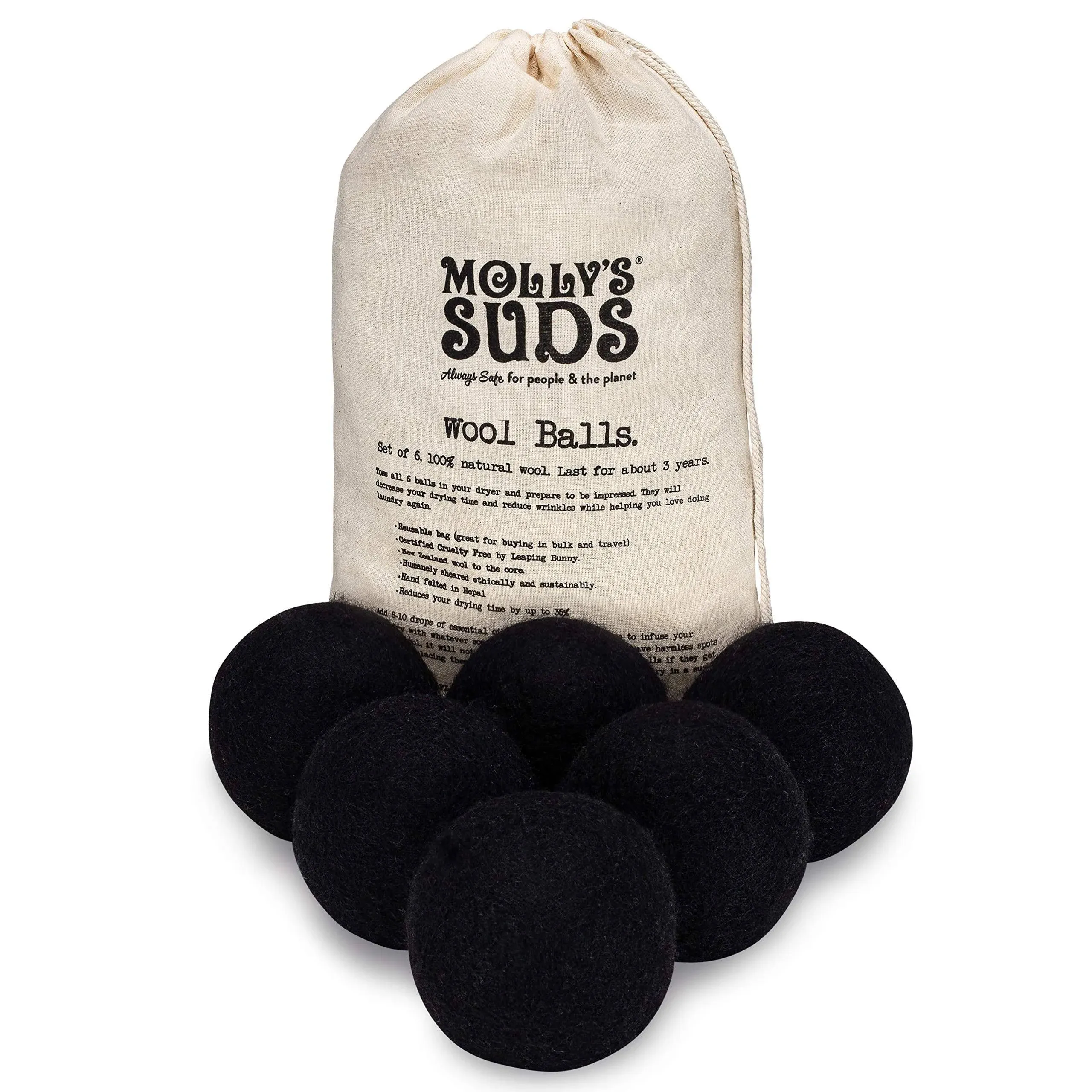 Molly's Suds Wool Dryer Balls | XL, Premium Organic Fabric Softener, Hypoallergenic, Hand-Felted, Reusable, Reduce Drying Time | Black, Set of 6Molly's Suds Wool Dryer Balls | XL, Premium Organic Fabric Softener, Hypoallergenic, Hand-Felted, Reusable, Re