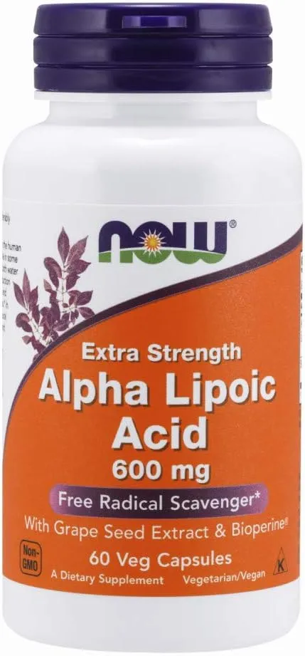 NOW Foods Supplements, Alpha Lipoic Acid 600 mg with Grape Seed Extract & Bioperine®, Extra Strength, 60 Count (Pack of 1)