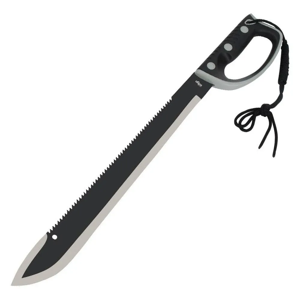 COLOMBIAN MACHETES Sawback Survival Machete and Sheath - Non-Reflective Stainless Steel Blade, Serrations, Rubberized Handle, Wrist Lanyard, For Wilderness Cutting Jobs and Trailblazing - Length 24"