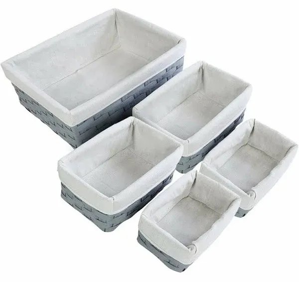 5 Pack Wicker Nesting Baskets with Cloth Lining for Pantry Shelves, Rectangular Storage Bins for Organizing Closet (Gray, 3 Sizes)