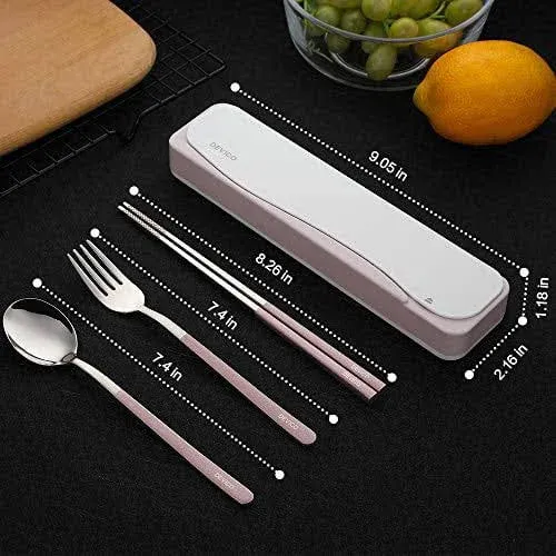 DEVICO Travel Utensils, 18/8 Stainless Steel 4pcs Cutlery Set Portable Camp Reusable Flatware Silverware, Include Fork Spoon Chopsticks with Case (Pink)