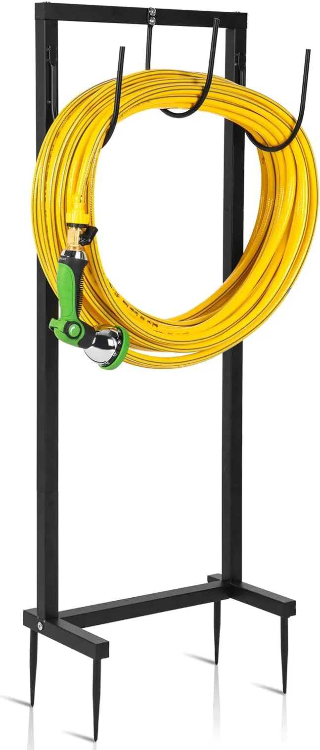 Garden Hose Holder Holds 150ft Hose with 4 Hooks, Heavy Duty Freestanding Water Hose Stand for Outside, Detachable Hose Reel