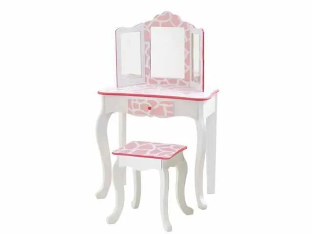 Teamson Kids Pretend Play Kids Vanity Table and Chair Vanity Set with Mirror Makeup Dressing Table with Drawer Girls Vanity Polka Dot Prints Gisele Play Vanity Set Pink White