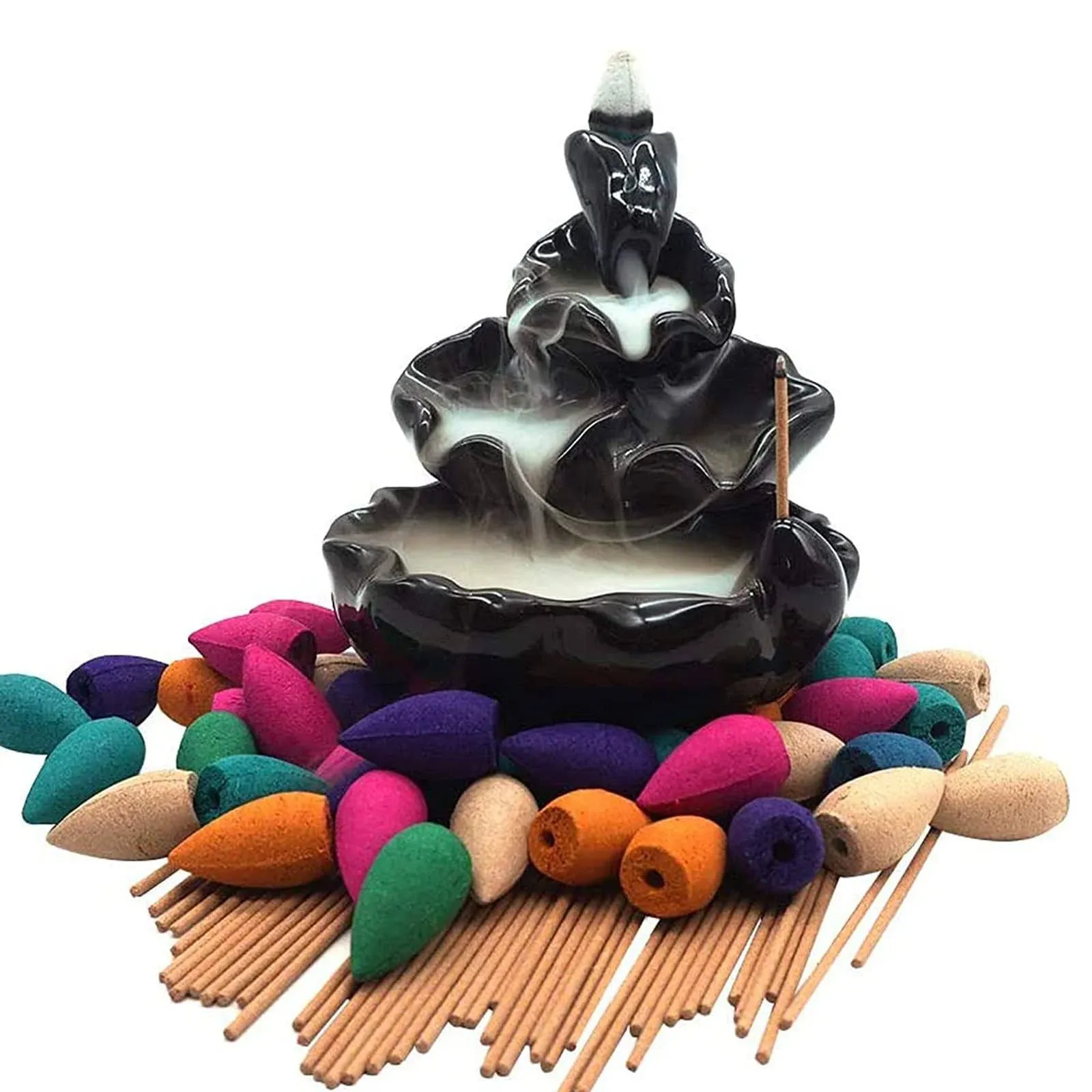 Moylor Ceramic Waterfall Incense Burner Set with 40 pcs Cones and 50 pcs 