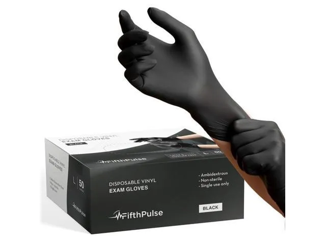 Fifth Pulse Vinyl Exam Latex Free & Powder Free Gloves - Black - Box of 50 Gloves (Large) Black 50pcs Small