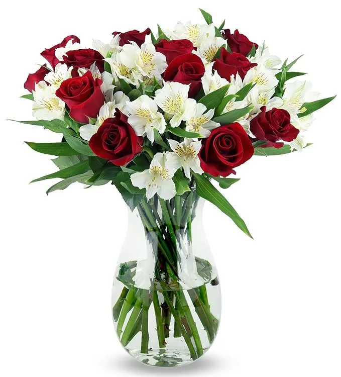 Benchmark Bouquets, Classic Roses & Alstroemeria, Glass Vase Included, Gift Fresh Flowers for Birthday, Anniversary, Get Well, Sympathy, Congratulations, Thank You, Just Because