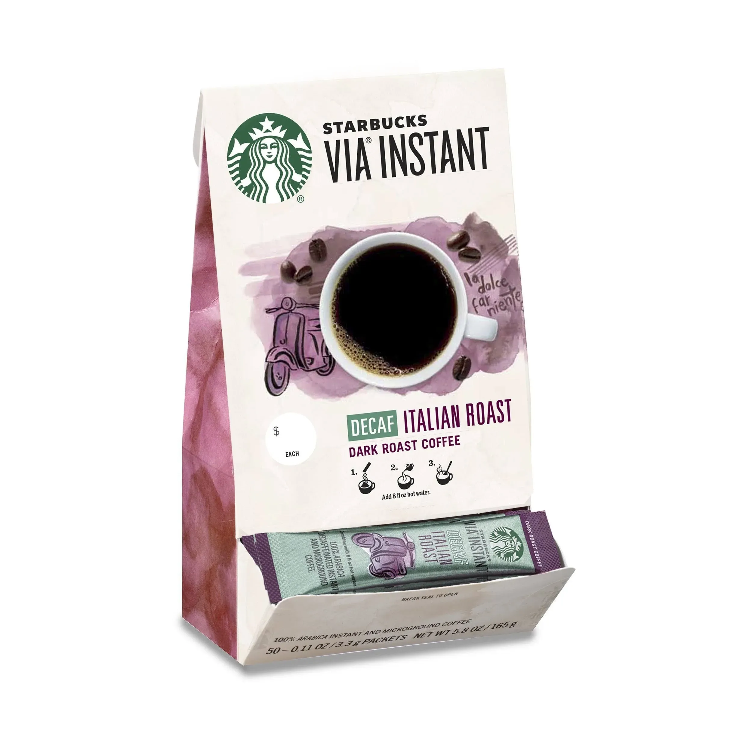 Starbucks Via Instant Decaf Italian Roast Dark Roast Coffee 1 Box Of 50 Packets