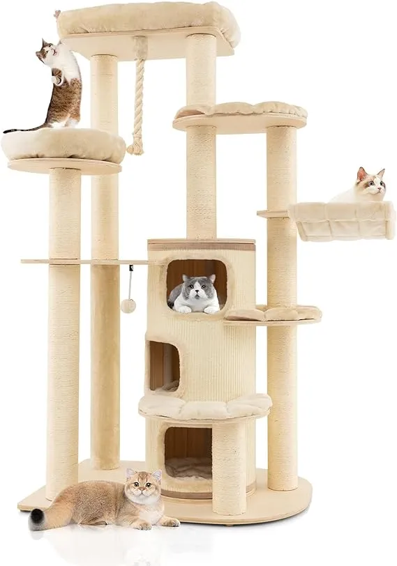 Tangkula Tall Cat Tree, 67 Inch Multi-Level Modern Large Cat Tower with Top Perch, 3-Story Cat Condo, Hammock, Sisal Scratching Posts, Spring Ball, Hanging Play Rope for Indoor Cats 20 lbs Heavy Duty