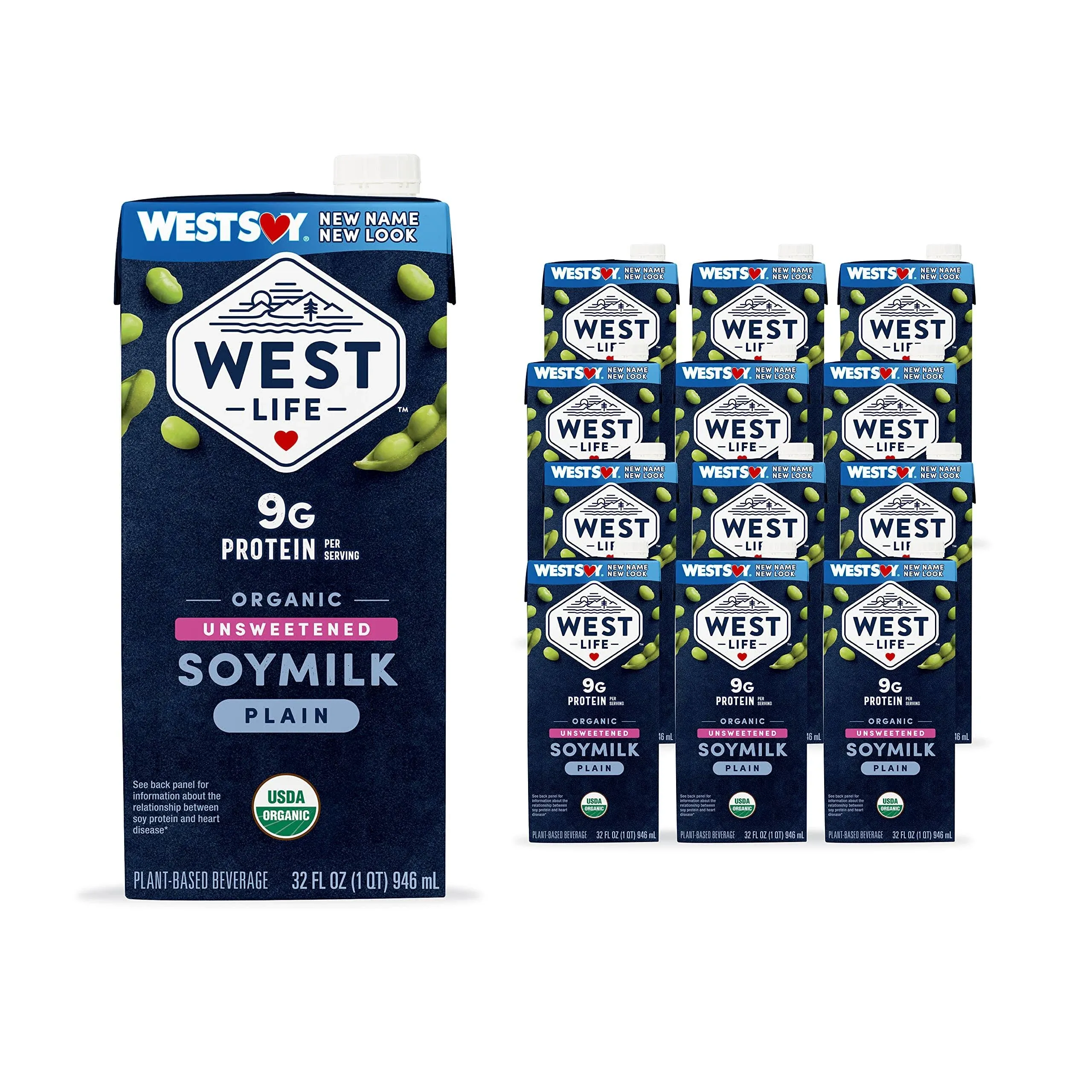 West Life Organic Soy Milk, Unsweetened Plain, Low Sugar, 9g of Protein, Vegan Dairy Alternative, Lactose-Free, Shelf Stable, 32oz (Pack of 12)