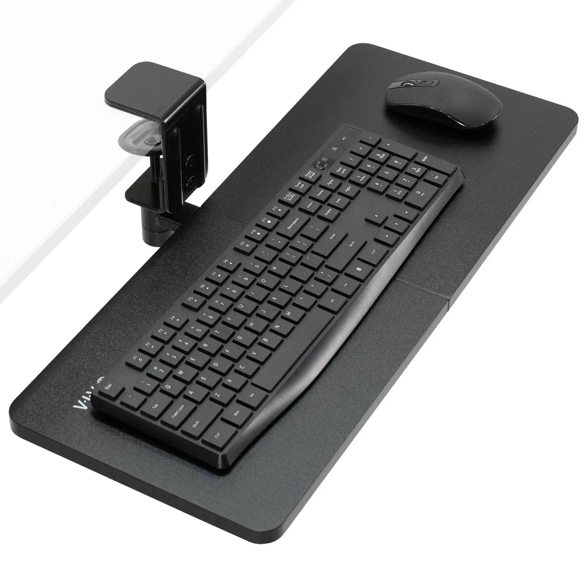 VIVO Black 25 x 10 inch Clamp-on Rotating Computer Keyboard and Mouse Tray, Extra Sturdy Single Desk Clamp, MOUNT-KB01CB