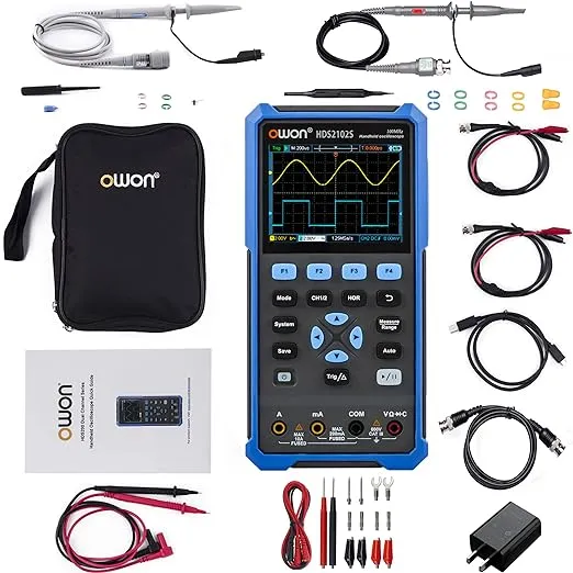 HDS2102S OWON Oscilloscope 2+1CH Digital Handheld Oscilloscope Multiumeter 3 in 1 100MHz Bandwidth 3.5" LCD Multiumeter OSC+DMM+Waveform Signal Generator for Automobile Maintenance,Power Detection