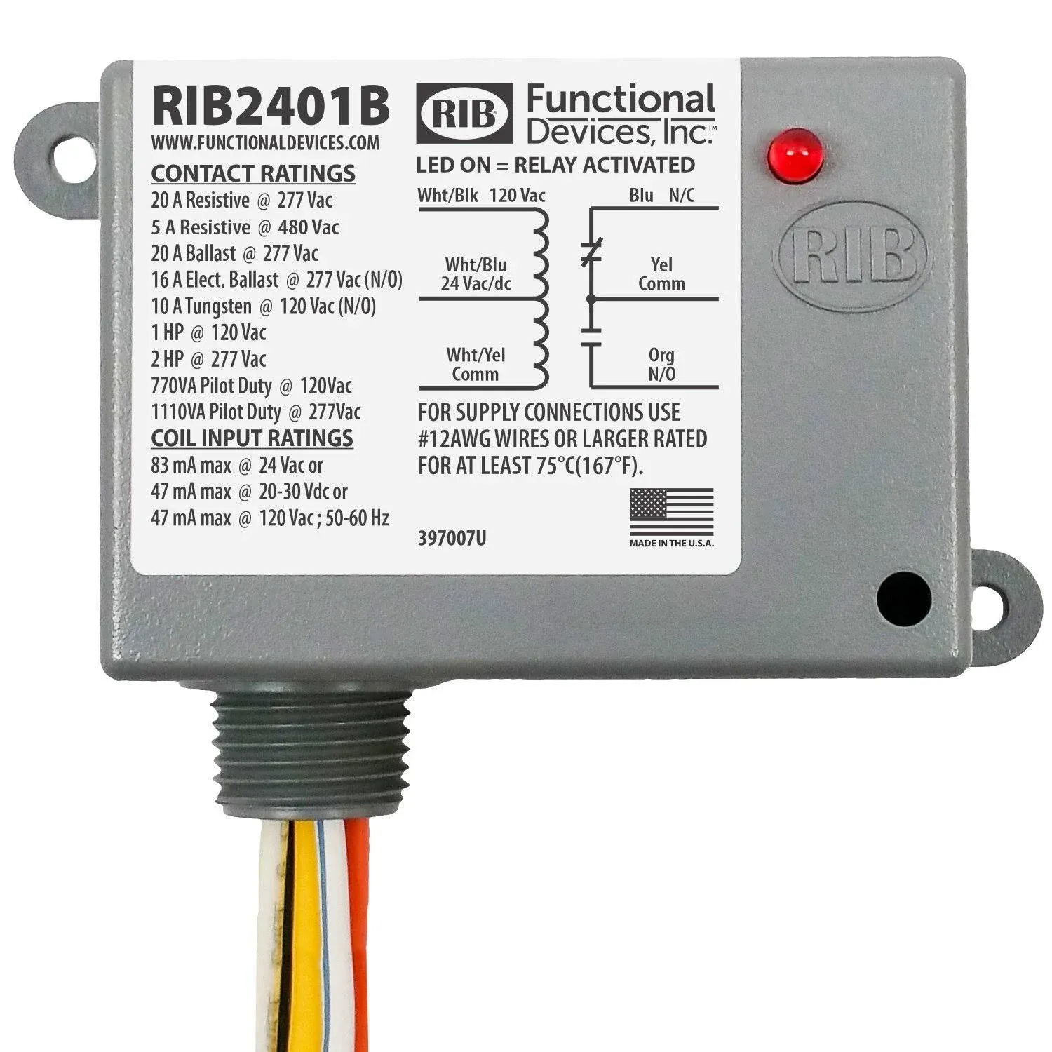 Functional Devices RIB2401B Power Relay, 20 Amp SPDT, 24 Vac/dc/120 Vac Coil, NEMA 1 Housing 