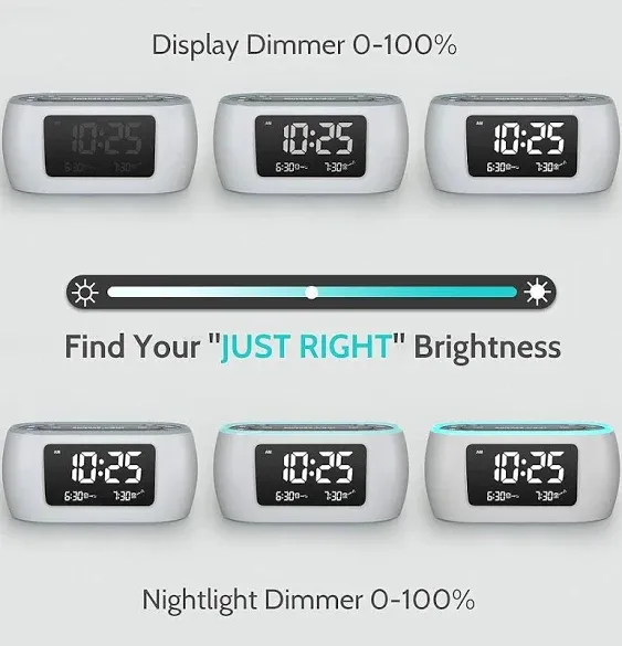 Glow Small Alarm Clock Radio Bedrooms 7 Color Night Dual Alarm Dimmer (White）