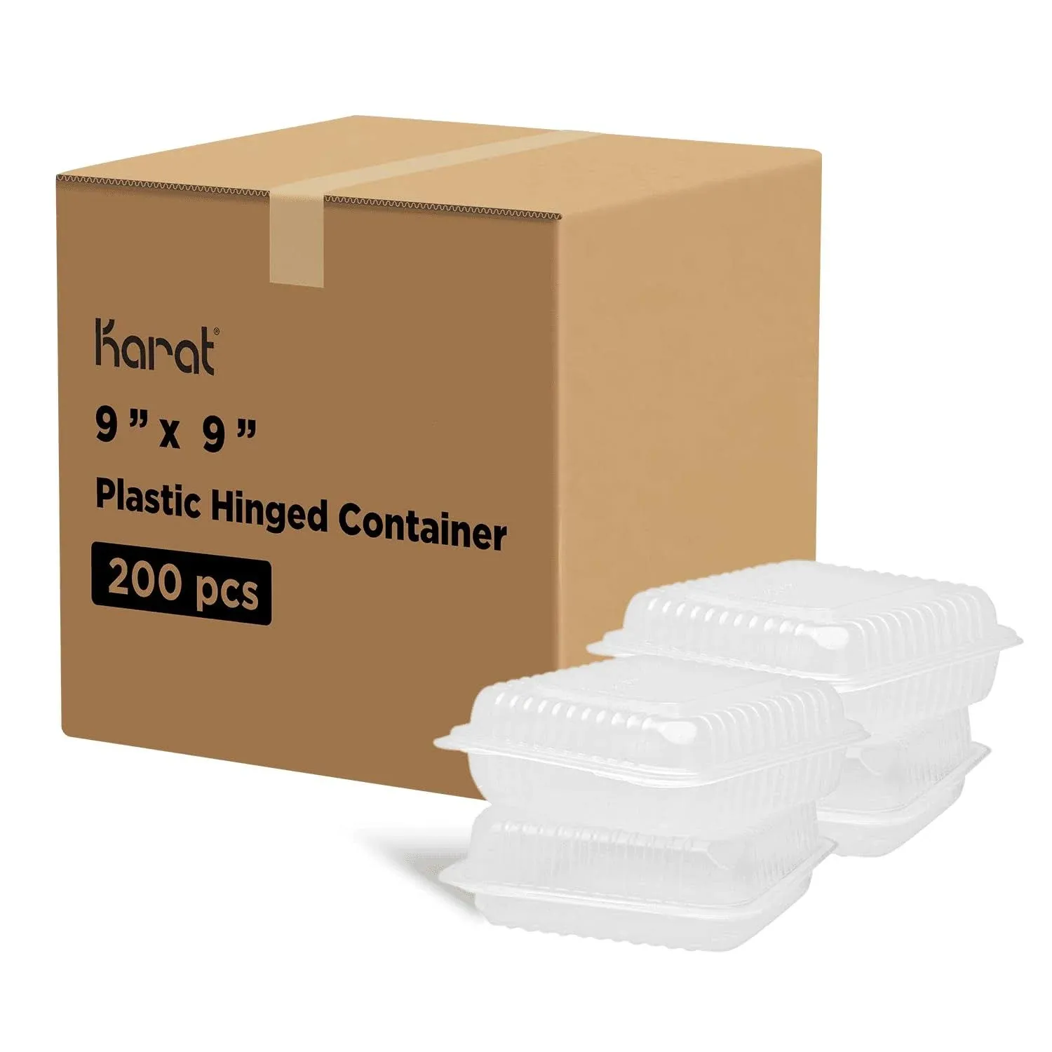 KARAT 9" X 9" PP Plastic Hinged Containers, 1 Compartment - 200 ct