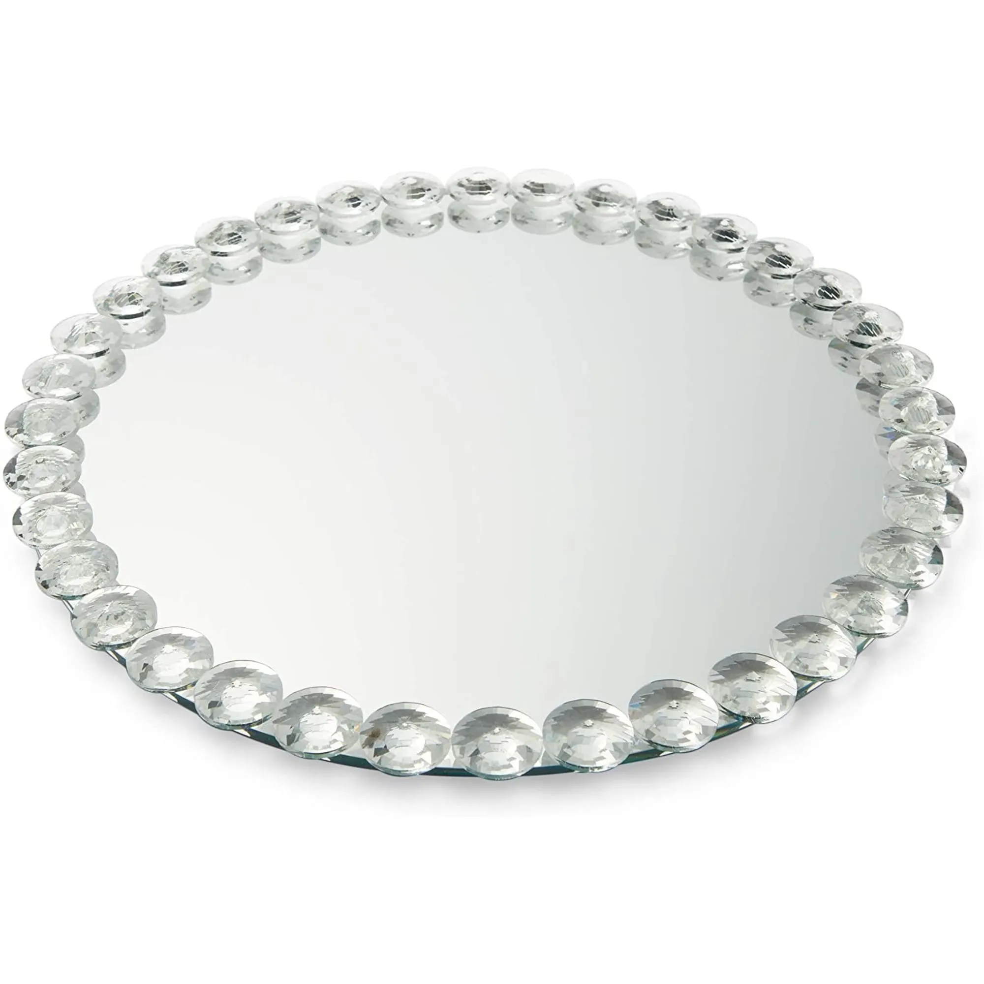 Crystal Bead Mirrored Tray for Perfume, Vanity Organizer Serving Platter (12 In) - Silver