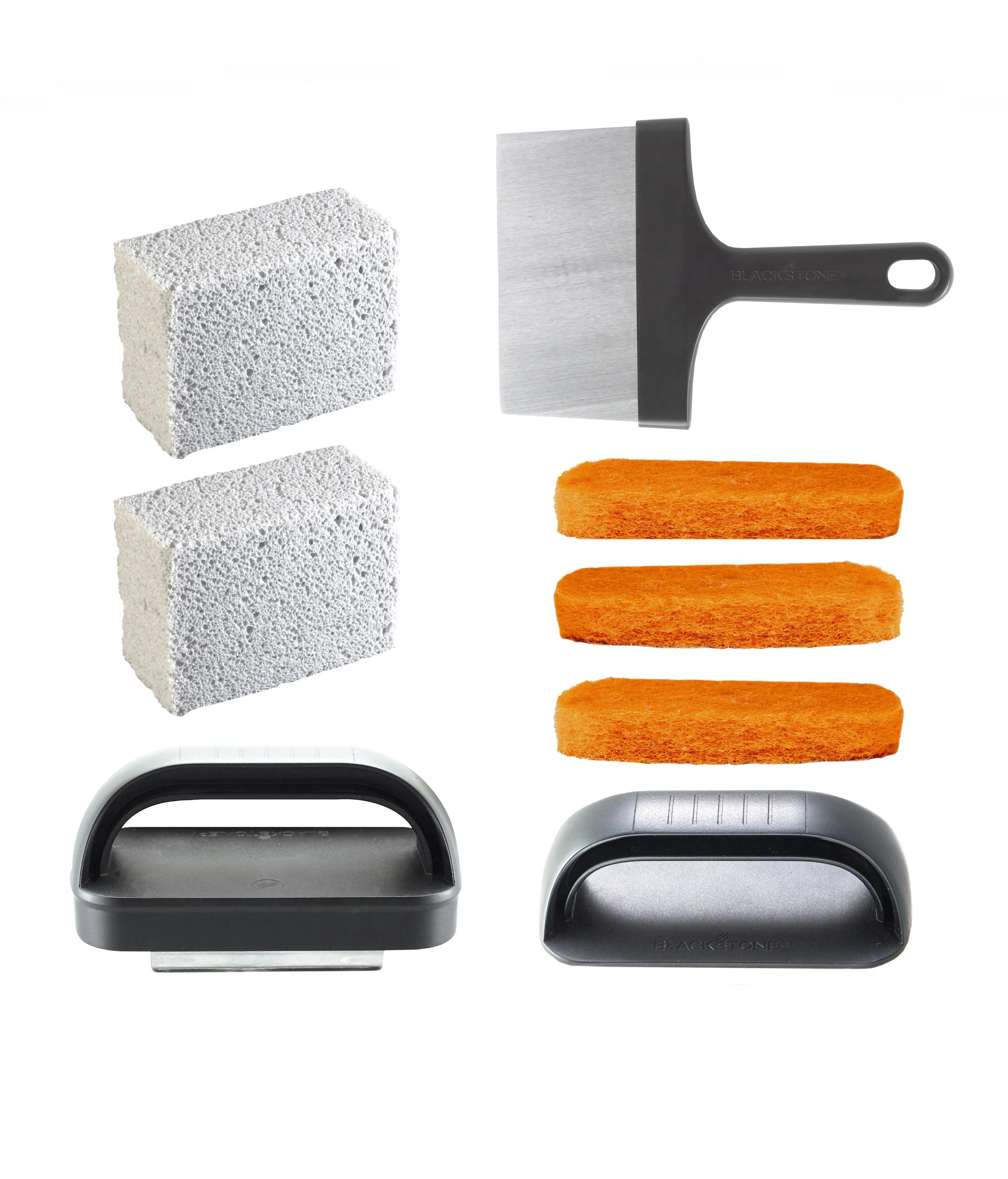 Blackstone 5060 Grill & Griddle Kit 8 Pieces Premium Flat Top Grill Accessories Cleaner Tool Set-1 Stainless Steel 6" Scraper, 3 Scouring Pads, 2 Cleaning Bricks, and 1 Handle, Black