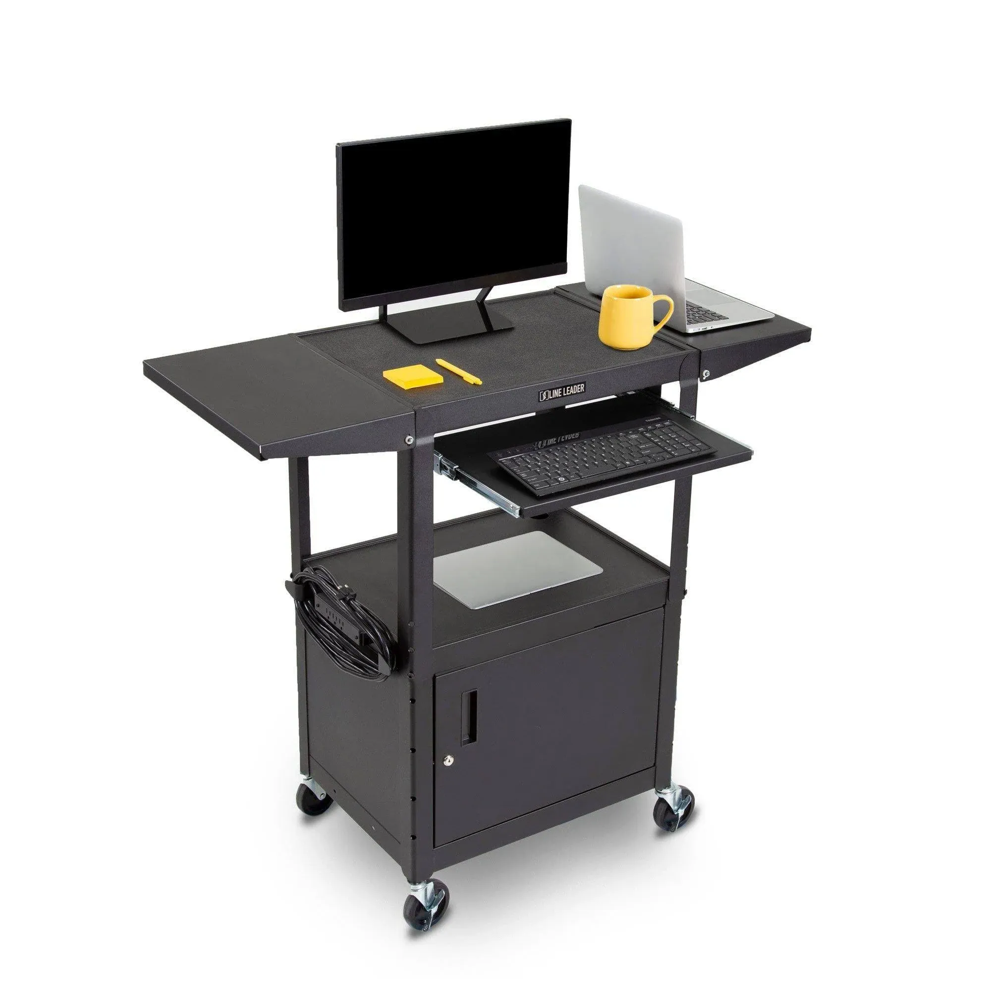 Line Leader AV Cart + Cabinet +  Keyboard Tray + Drop Leaves | Height Adjustable Mobile Workstation