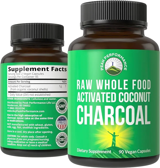 Activated Charcoal Vegan Capsules from Wild Harvested Coconut Shells. Best Safe Charcoal Pills Supplement for Detox, Gas Relief, Bloating. for Men and Women 90 All Natural Tablets