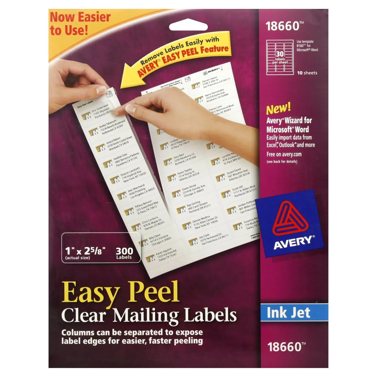 Avery Matte Clear Address Labels, Sure Feed Technology, Inkjet, 1" x 2-5/8", 750 Labels (8660)