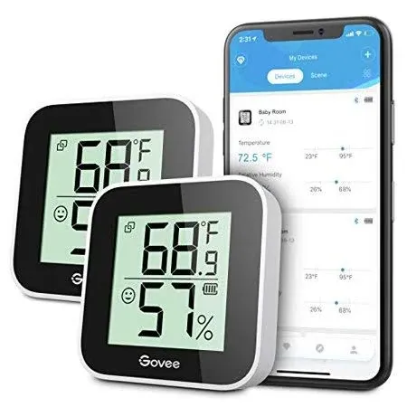 Govee Temperature Humidity Monitor 2-Pack, Indoor Room Thermometer Hygrometer with App Alert, Mini Bluetooth Digital Thermometer Humidity Sensor with