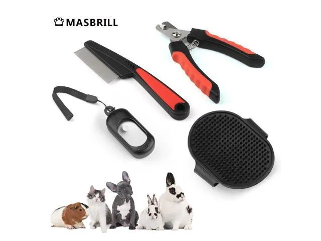 4 in 1 Professional Pet Grooming Kit Box - Cats Dogs Nail Clippers, Stainless Steel Comb, Pet Training Clicker with Wrist Strap, Pet Bath Brush.