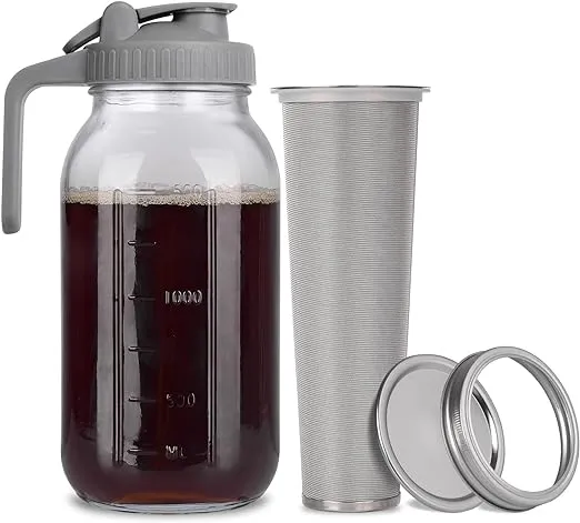 Cold Brew Mason Jar iced Coffee Maker, Durable Glass, 64 oz (2 Quart / 1.9 Liter), With Handle& Stainless Steel Filter for Iced Brew Coffee, Lemonade, Ice Tea, Homemade Fruit Drinks Container