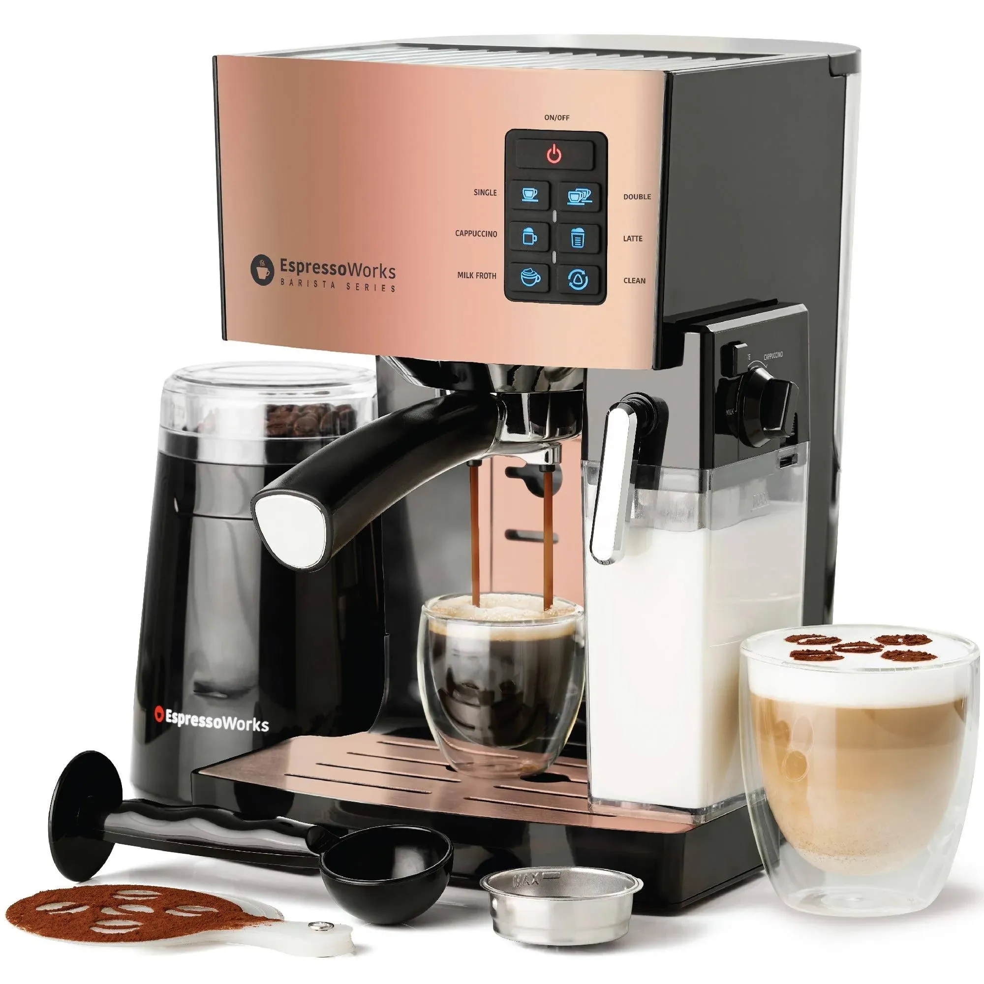 EspressoWorks 19-Bar Espresso, Latte and Cappuccino Maker 10-Piece Set - Brew Cappuccino and Latte with One Button - Espresso Machine with Milk Steamer 1250W - Coffee Gifts (Rose Gold)