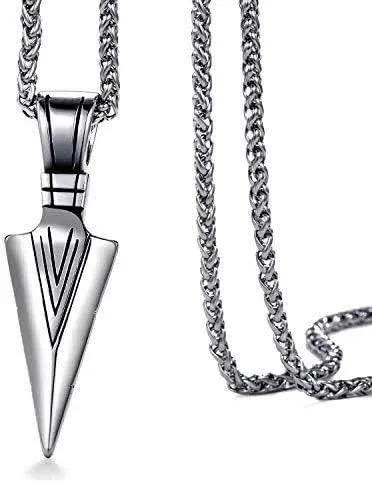 Mens Stainless Steel Spear Point Arrowhead Pendant Necklace with 24