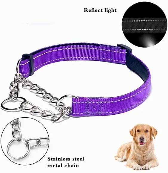 Martingale Collar for Dogs Reflective Nylon Dog Training Collars Soft Padded No Pull Adjustable Collars Stainless Steel Chain Collar for Large/Medium/Small Dogs (Purple,L)