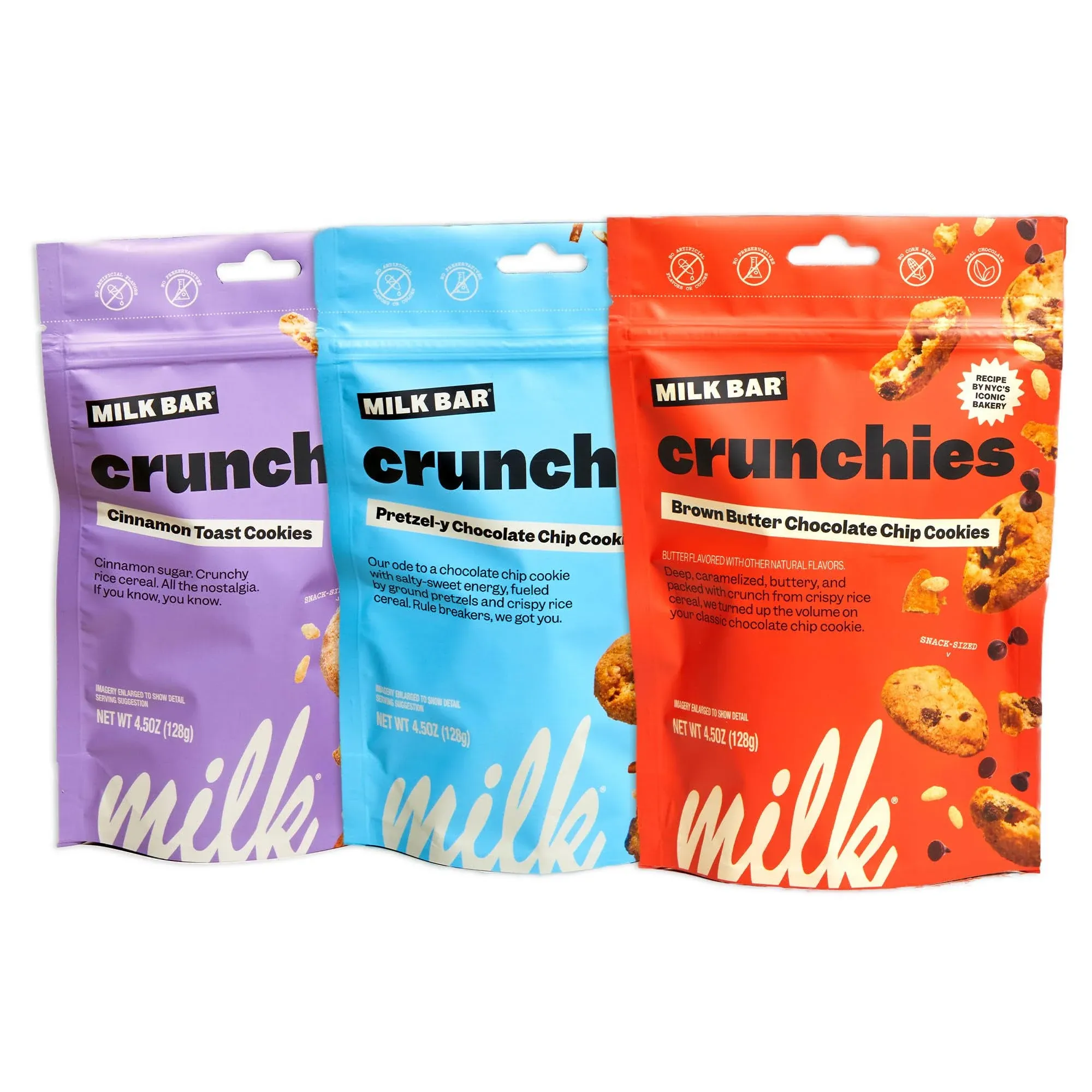 MILK BAR Super Crunchy Cookies - Cinnamon Toast, Pretzel-y Chocolate Chip, and Brown Butter Chocolate Chip | Crunchy Bite-Sized Cookies With No Artificial Flavors or Preservatives | Pack of 3, 4.5oz Bags