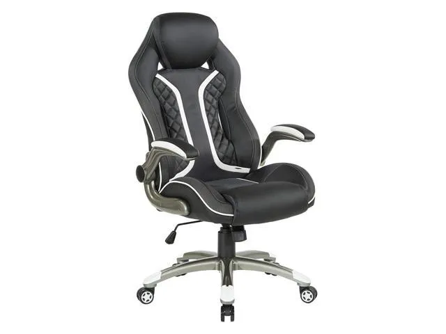 8AM Office Xplorer 51 Ergonomic Adjustable High Back Gaming Chair With Lumbar Support And Padded Flip Arms, Black Faux Leather With White Trim